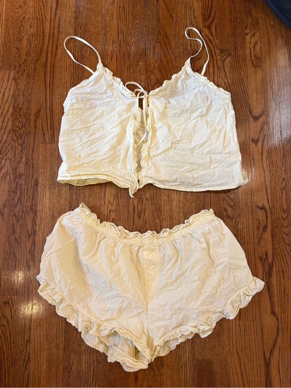 Yellow Eyelet Lace-Trim Sleep Set - Tank Top & Shorts